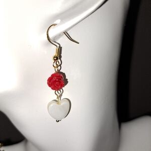 Mother of Pearl Heart and Red Cinnabar Rose Earrings Set in 14K Gold